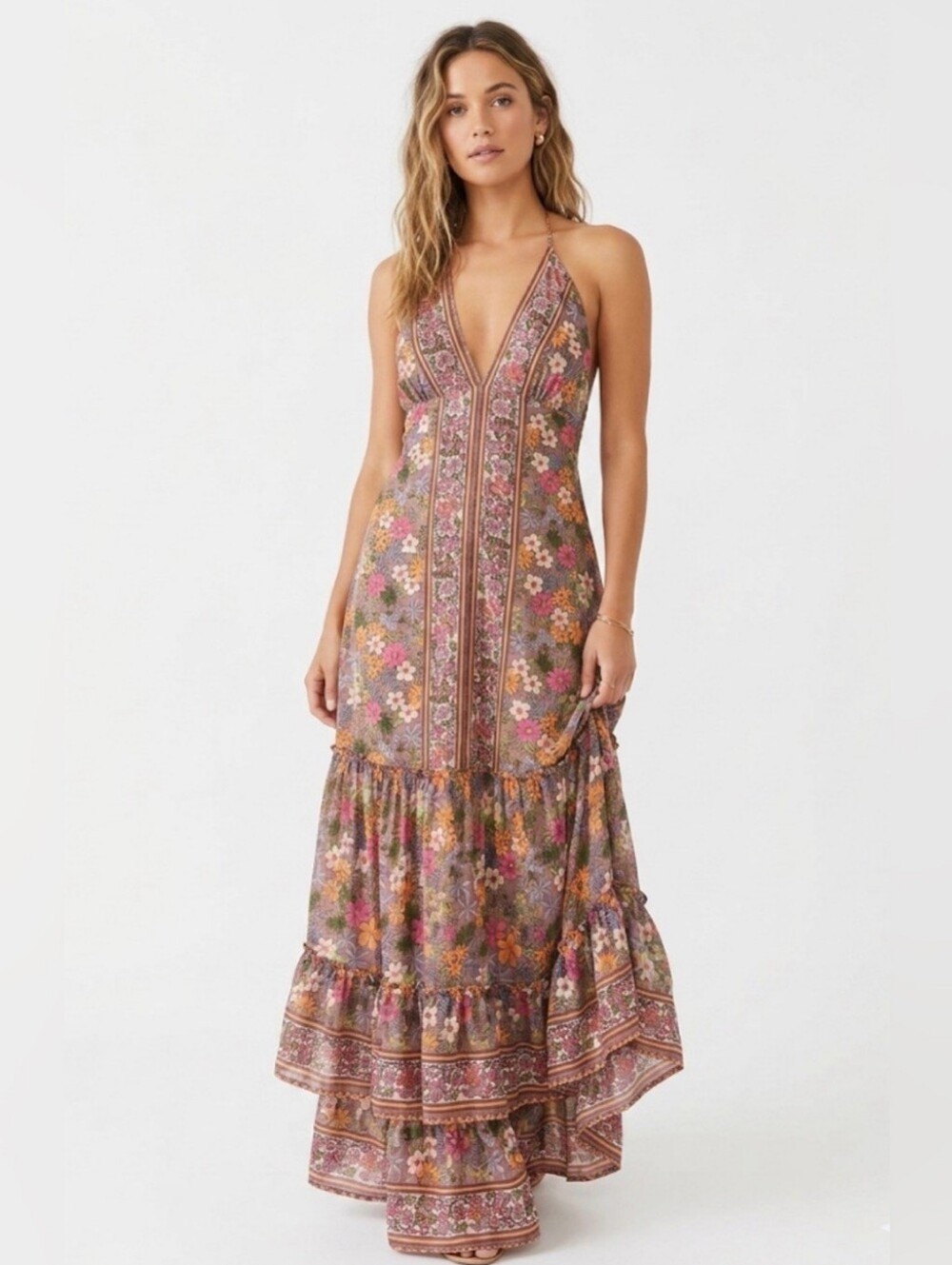 Zury Boho Silk Floral V-Neck Tiered Maxi Dress in Mauve Pink One Size